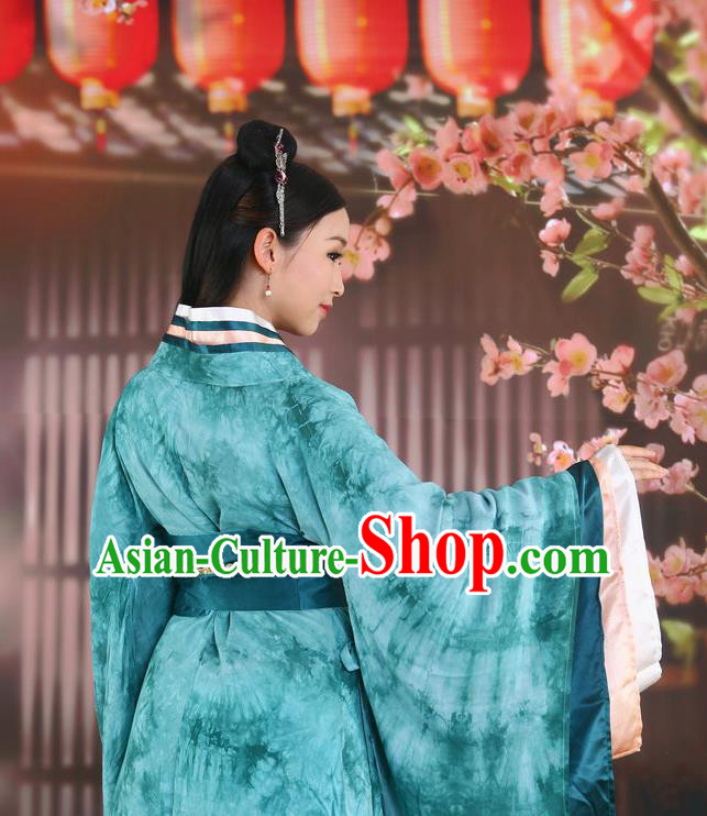 Traditional Ancient Chinese Imperial Consort Costume, Elegant Hanfu Clothing Chinese Han Dynasty Imperial Emperess Green Tie-Dye Tailing Clothing for Women
