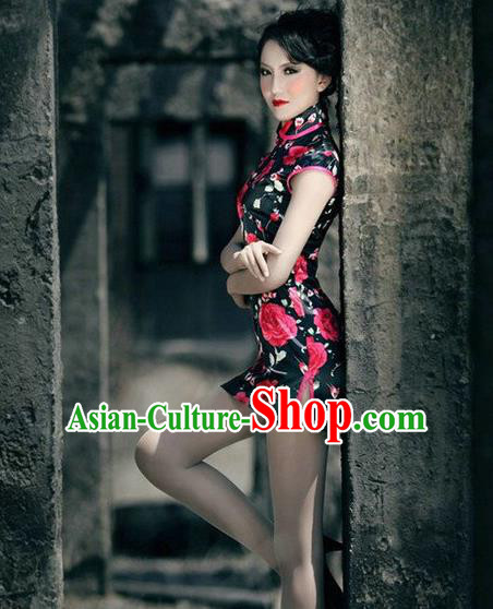 Traditional Ancient Chinese Young Women Cheongsam Dress, Republic of China Tangsuit Stand Collar Black Rose Short Cheongsam for Women