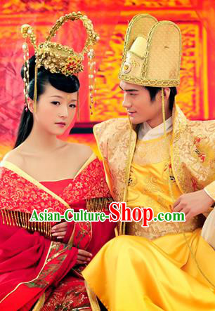 Traditional Ancient Chinese Imperial Consort and Emperor Wedding Costume Set, Elegant Hanfu Red Clothing Chinese Tang Dynasty Imperial Queen and King Tailing Embroidered Clothing for Women for Men