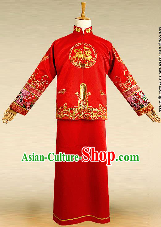 Traditional Ancient Chinese Costume Chinese Style Tang Suit Wedding Red Dress Ancient Long Kylin Flown Mandarin Jacket Groom Toast Clothing for Men