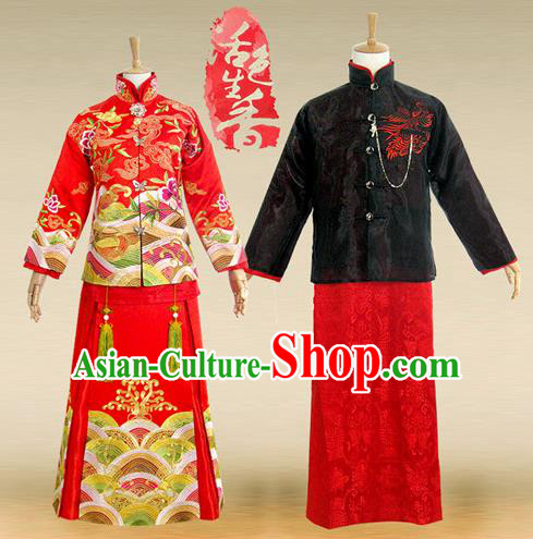 Traditional Ancient Chinese Wedding Costume Complete Set, Chinese Style Wedding Bride and Bridegroom Dress, Restoring Ancient Red Embroidered Dragon and Phoenix Flown, Marriage Toast Cheongsam for Women for Men