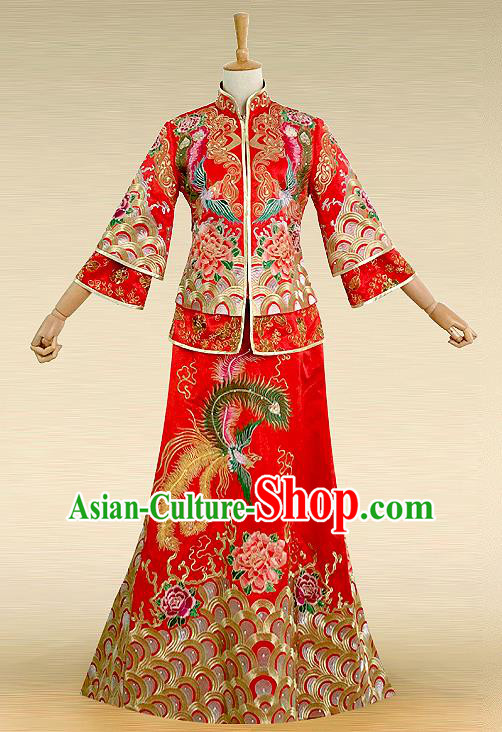 Traditional Ancient Chinese Costume Hot Fix Rhinestone Xiuhe Suits, Chinese Style Wedding Bride Full Dress, Restoring Ancient Women Red Embroidered Dragon and Phoenix Slim Fishtail Flown, Bride Toast Cheongsam for Women