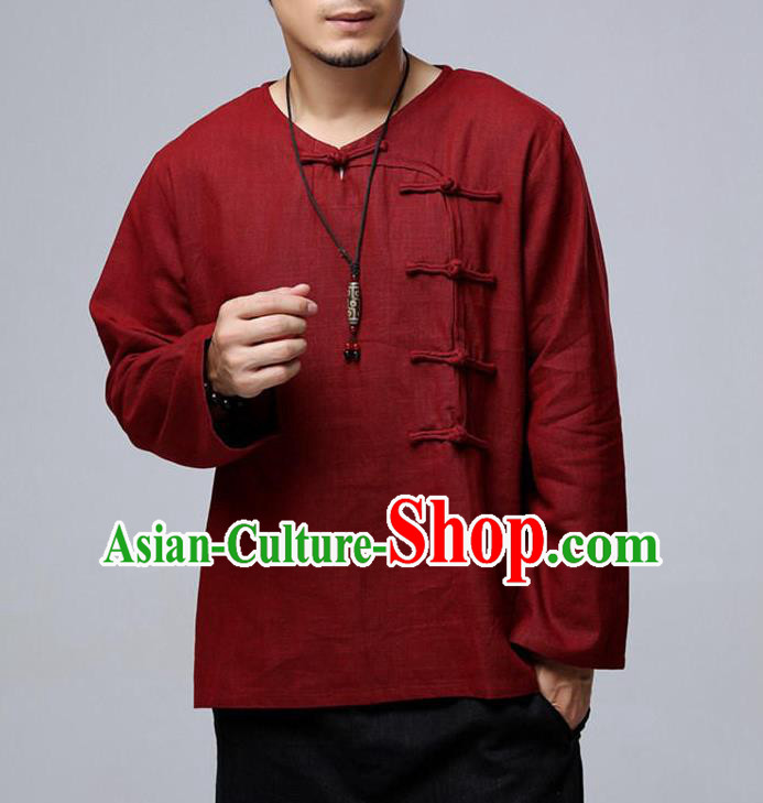 Top Chinese National Tang Suits Flax Frock Costume, Martial Arts Kung Fu Long Sleeve Red T-shirt, Kung fu Side Plate Buttons Unlined Upper Garment, Chinese Taichi Shirts Wushu Clothing for Men