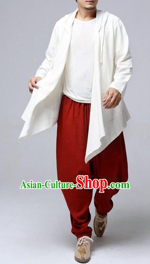 Top Chinese National Tang Suits Flax Frock Costume, Martial Arts Kung Fu White Hooded Cardigan, Kung fu Plate Buttons Unlined Upper Garment, Chinese Taichi Dust Coats Wushu Clothing for Men