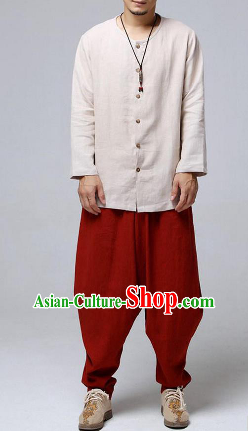 Traditional Top Chinese National Tang Suits Flax Frock Costume, Martial Arts Kung Fu Front Opening Beige Blouse, Kung fu Unlined Upper Garment, Chinese Taichi Shirts Wushu Clothing for Men