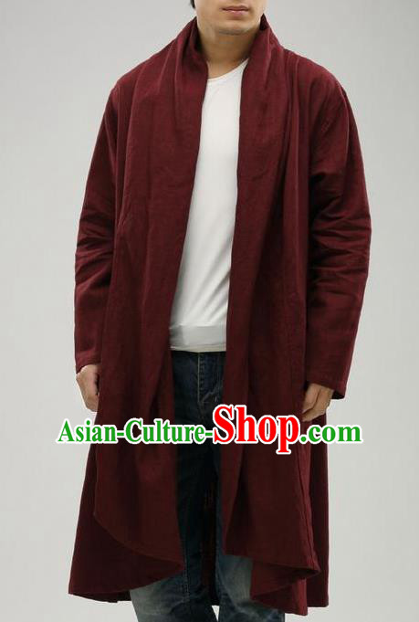 Traditional Top Chinese National Tang Suits Linen Frock Costume, Martial Arts Kung Fu Purplish Red Cardigan, Kung fu Upper Outer Garment Cloak, Chinese Taichi Dust Coats Wushu Clothing for Men
