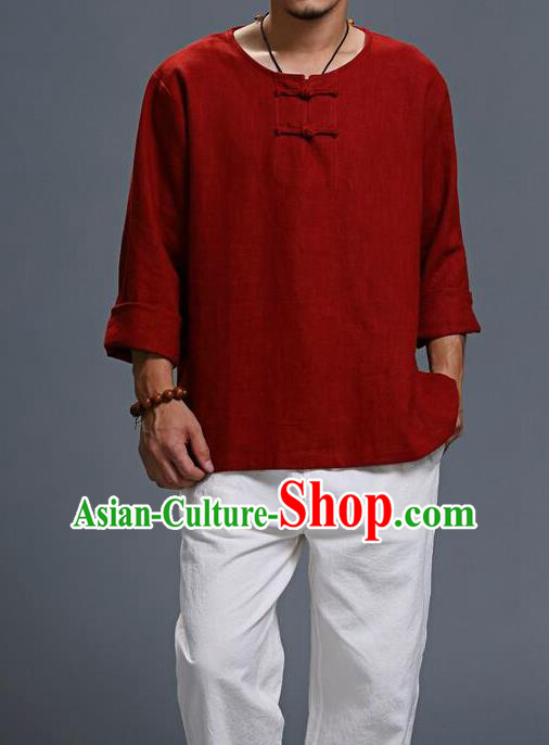 Traditional Top Chinese National Tang Suits Linen Frock Costume, Martial Arts Kung Fu Long Sleeve Red T-Shirt, Kung fu Plate Buttons Upper Outer Garment, Chinese Taichi Shirts Wushu Clothing for Men
