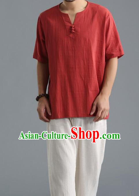 Traditional Top Chinese National Tang Suits Linen Frock Costume, Martial Arts Kung Fu Short Sleeve Carmine T-Shirt, Kung fu Unlined Upper Garment, Chinese Taichi Shirts Wushu Clothing for Men