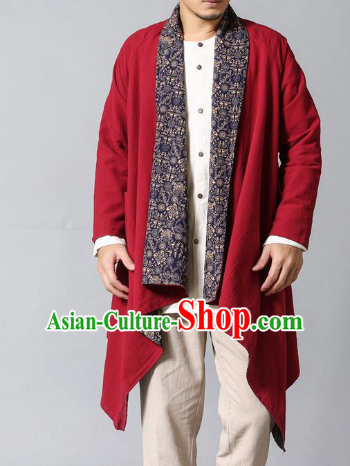 Traditional Top Chinese National Tang Suits Linen Frock Costume, Martial Arts Kung Fu Dark Red Printing Cardigan, Kung fu Double Sided Unlined Upper Garment, Chinese Taichi Dust Coats Wushu Clothing for Men