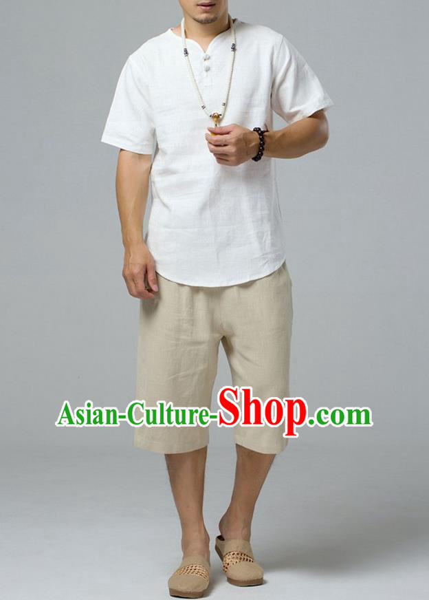 Traditional Top Chinese National Tang Suits Linen Frock Costume, Martial Arts Kung Fu Short Sleeve White T-Shirt, Kung fu Plate Buttons Upper Outer Garment, Chinese Taichi Shirts Wushu Clothing for Men