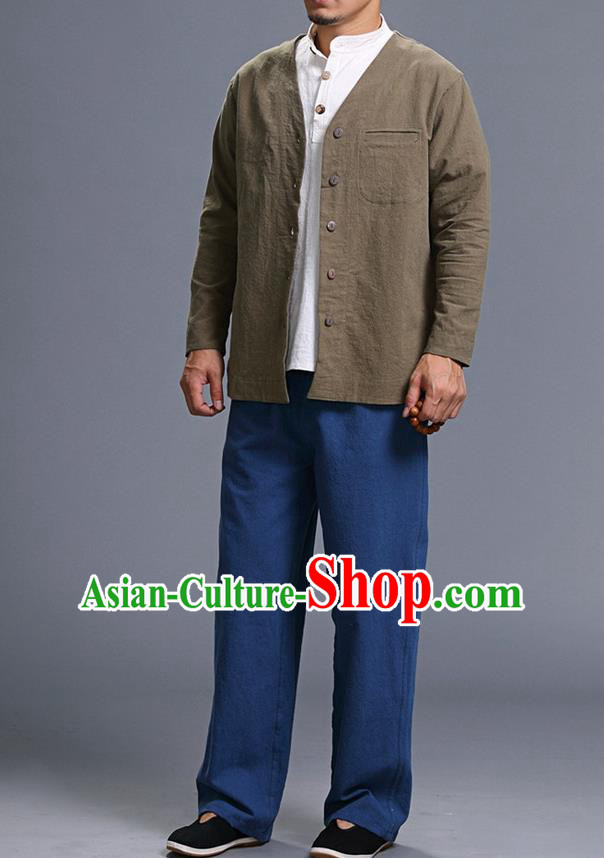 Traditional Top Chinese National Tang Suits Linen Costume, Martial Arts Kung Fu Long Sleeve Brown Overcoat, Chinese Kung fu Upper Outer Garment Jacket, Chinese Taichi Thin Short Cardigan Wushu Clothing for Men