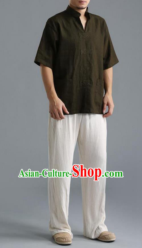 Traditional Top Chinese National Tang Suits Linen Costume, Martial Arts Kung Fu Short Sleeve Black Shirt, Chinese Kung fu Upper Outer Garment Blouse, Chinese Taichi Thin Shirts Wushu Clothing for Men