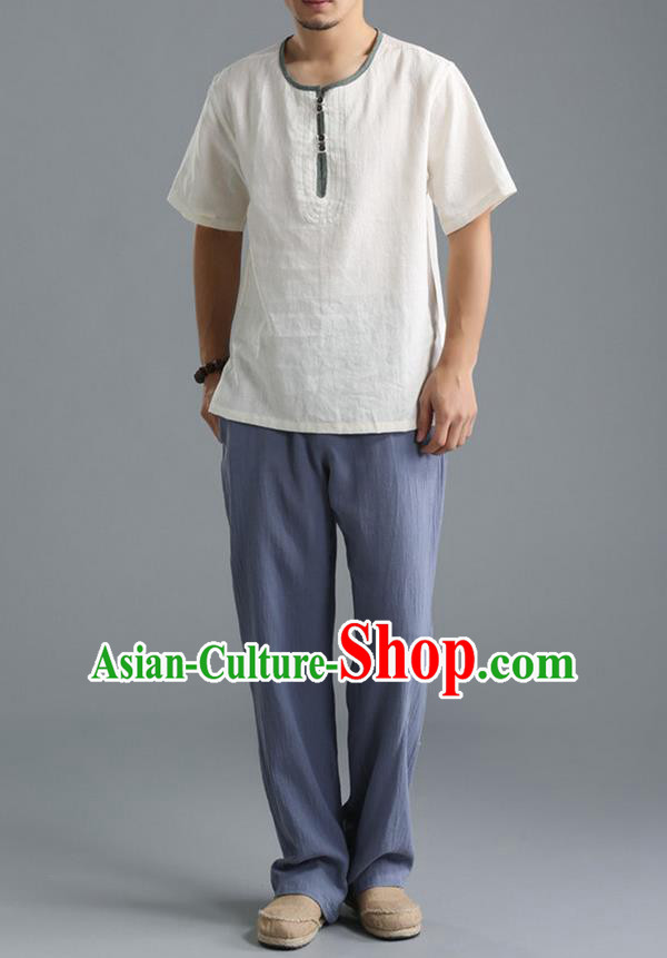 Traditional Top Chinese National Tang Suits Linen Costume, Martial Arts Kung Fu Short Sleeve White T-Shirt, Chinese Kung fu Upper Outer Garment Blouse, Chinese Taichi Thin Shirts Wushu Clothing for Men