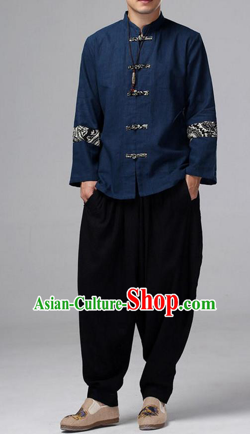 Traditional Top Chinese National Tang Suits Linen Front Opening Costume, Martial Arts Kung Fu Pattern Navy Overcoat, Kung fu Plate Buttons Thin Upper Outer Garment Jacket, Chinese Taichi Thin Coats Wushu Clothing for Men