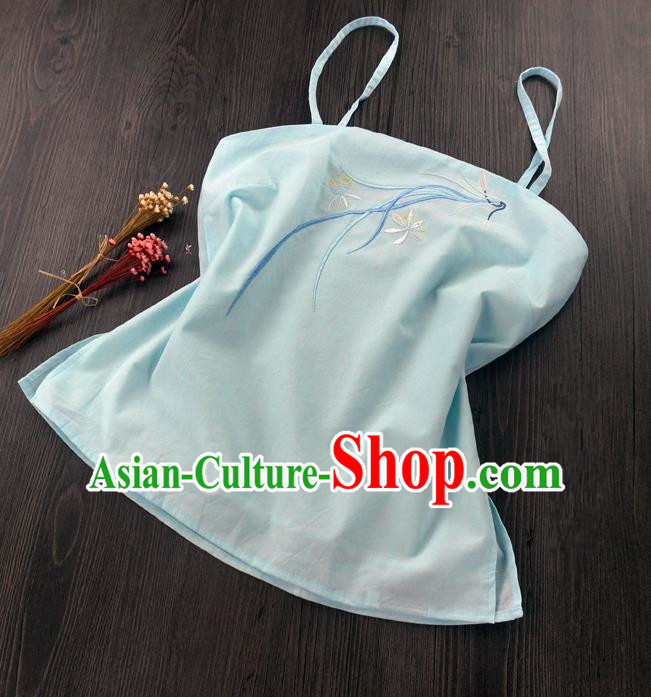 Traditional Ancient Chinese Costume Sun-Top, Elegant Hanfu Boob Tube Top Clothing Chinese Han Dynasty Embroidery Chlorophytum comosum Light Blue Condole Belt for Women