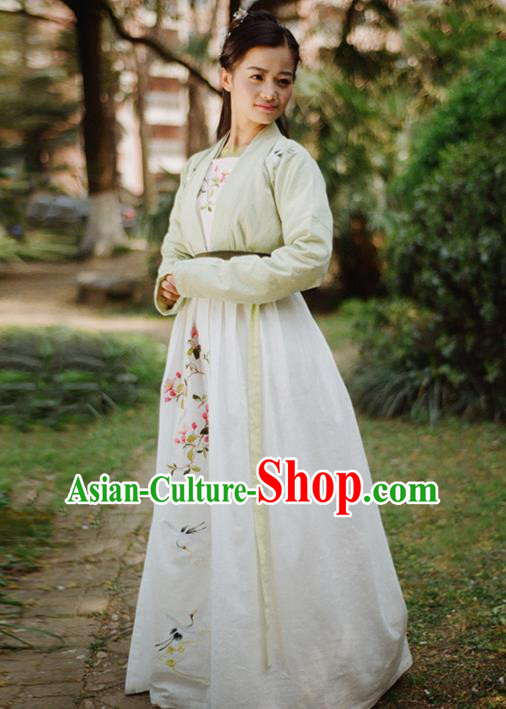 Traditional Ancient Chinese Female Costume Blouse and Dress Complete Set, Elegant Hanfu Clothing Chinese Ming Dynasty Palace Lady Embroidered Cranes Chaenomeles Speciosa Clothing for Women