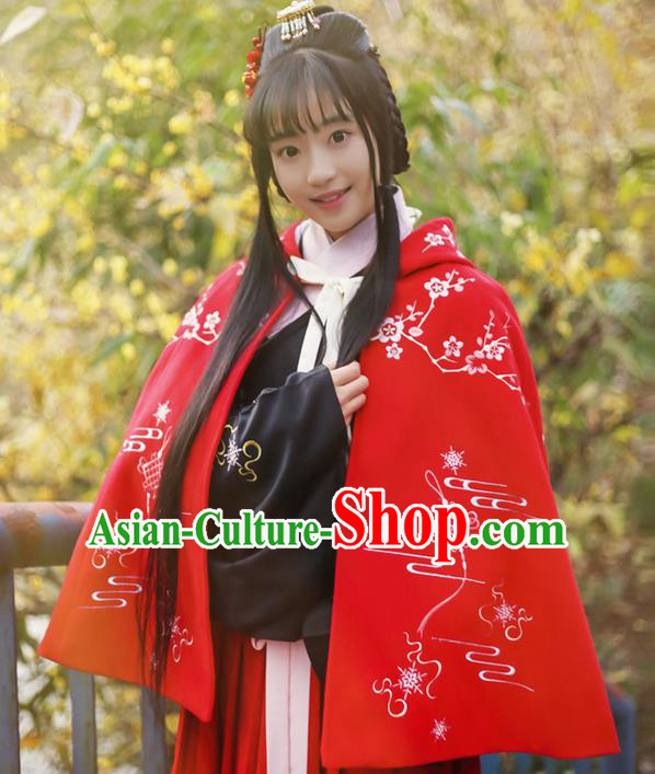Traditional Ancient Chinese Female Costume Woolen Cardigan, Elegant Hanfu Short Cloak Chinese Ming Dynasty Palace Lady Embroidered Plum Blossom Hooded Red Cape Clothing for Women