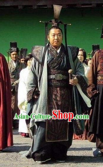 Traditional Ancient Chinese Imperial Emperor Costume and Hat Complete Set, Elegant Hanfu Orphrey Dress Chinese Qin Dynasty Imperial King Embroidered Robes for Men