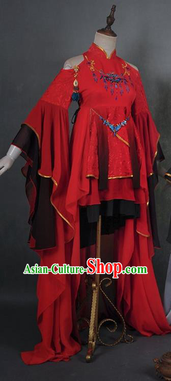 Traditional Asian Chinese Princess Costume, Elegant Hanfu Dance Wide Sleeves Red Dress, Chinese Imperial Princess Tailing Embroidered Clothing, Chinese Cosplay Fairy Princess Empress Queen Cosplay Costumes for Women