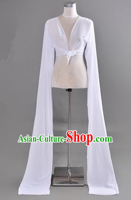 Traditional Chinese Long Sleeve Water Sleeve Dance Suit China Folk Dance Chiffon Long White Ribbon for Women