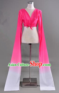 Traditional Chinese Long Sleeve Water Sleeve Dance Suit China Folk Dance Koshibo Long White and Rose Red Gradient Ribbon for Women
