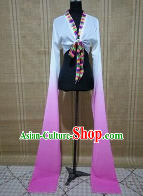 Traditional Chinese Long Sleeve Tibetan Nationality Water Sleeve Dance Suit China Folk Dance Koshibo Long White and Pink Gradient Ribbon for Women