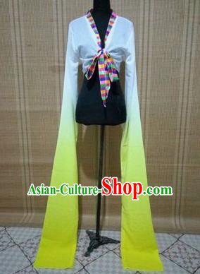 Traditional Chinese Long Sleeve Tibetan Nationality Water Sleeve Dance Suit China Folk Dance Koshibo Long White and Yellow Gradient Ribbon for Women