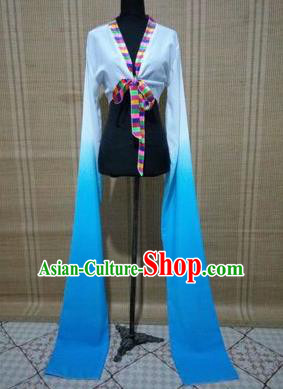 Traditional Chinese Long Sleeve Tibetan Nationality Water Sleeve Dance Suit China Folk Dance Koshibo Long White and Blue Gradient Ribbon for Women