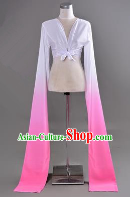 Traditional Chinese Long Sleeve Water Sleeve Dance Suit China Folk Dance Koshibo Long White and Pink Gradient Ribbon for Women
