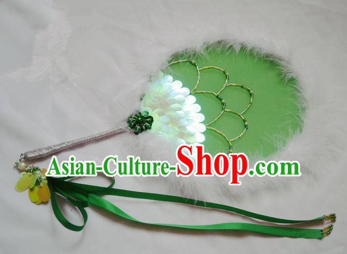 Traditional Chinese Handmade Ancient Hanfu Green Feather Round Fan Props for Women