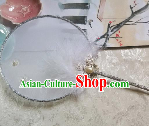 Traditional Chinese Handmade Ancient Hanfu Cosplay Red Feather Crystal Round Fan Props for Women