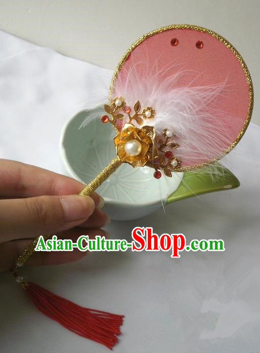 Traditional Chinese Handmade Ancient Hanfu Pink Plush Little Fan Props