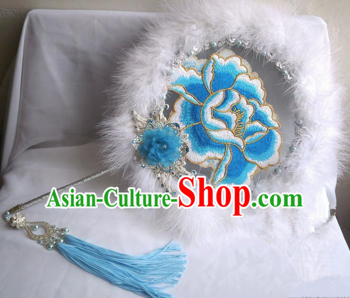 Traditional Chinese Handmade Ancient Hanfu Blue Plush Embroidered Round Fan Props for Women