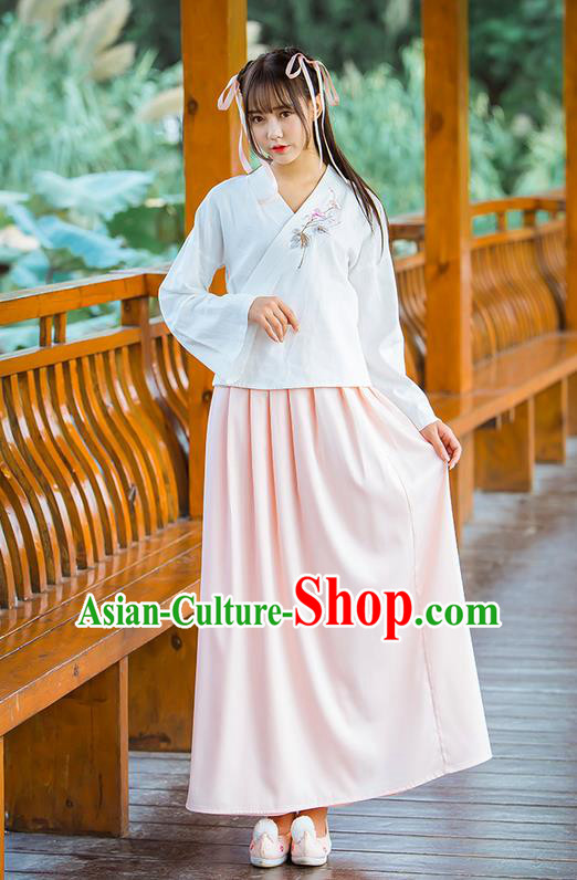 Traditional Ancient Chinese Female Costume Blue Blouse and Pink Dress Complete Set, Elegant Hanfu Clothing Chinese Ming Dynasty Palace Princess Embroidered Clothing for Women