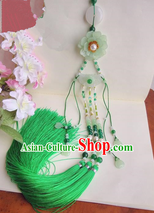 Traditional Chinese Handmade Ancient Hanfu Waist Jewelry Jade Wearing Palace Coloured Glaze Pendant Green Gradient Sword Tassel for Women