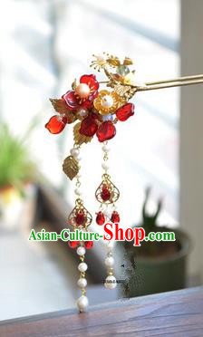 Traditional Handmade Chinese Ancient Princess Classical Hanfu Accessories Jewellery Red Flowers Coloured Glaze Hair Sticks Hair Jewellery, Tassel Hair Fascinators Hairpins for Women