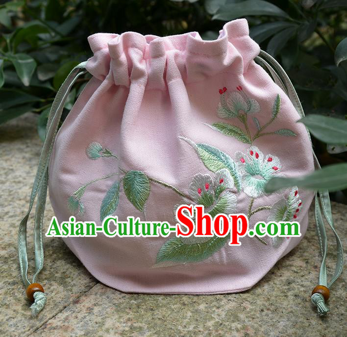 Traditional Ancient Chinese Embroidered Hanfu Handbags Double Size Embroidered Pink Bag for Women