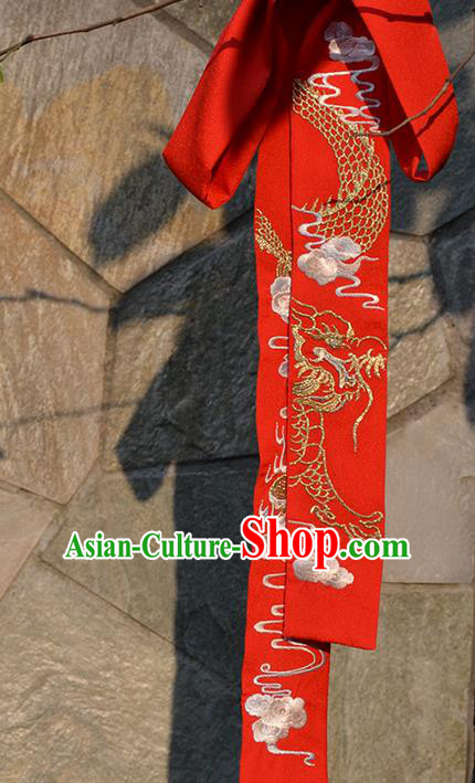 Traditional Ancient Chinese Embroidered Hanfu Hair Snood Embroidered Dragon Red Silk Bandeau for Women
