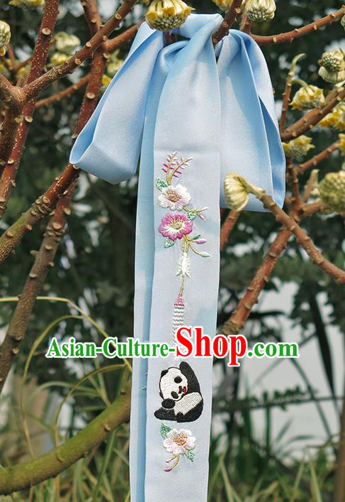 Traditional Ancient Chinese Embroidered Hanfu Hair Snood Embroidered Panda Blue Silk Bandeau for Women