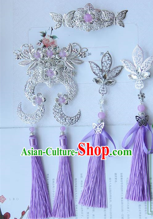 Traditional Handmade Chinese Ancient Princess Classical Hair Accessories Jewellery Complete Set, Hair Crown Tassel Hair Claws, Hair Fascinators Hairpins for Women