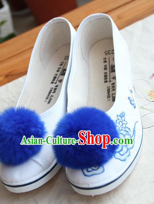 Traditional Handmade Ancient Chinese Han Dynasty Imperial Princess Freehand Sketching Blue Hair Bulb Shoes for Women