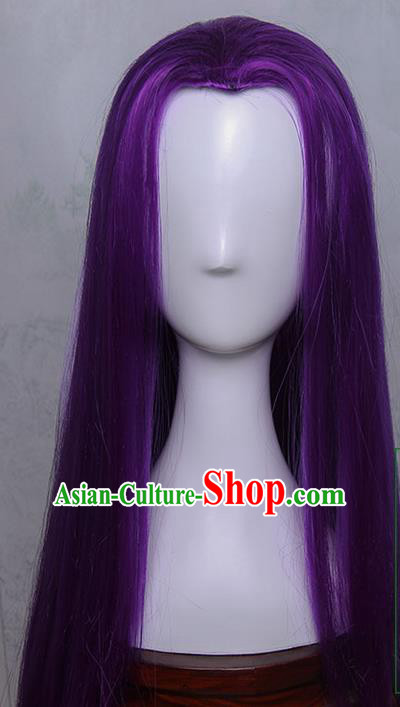 Traditional Handmade Ancient Chinese Tang Dynasty Imperial Princess Wig, Ancient Chinese Cosplay Fairy Palace Young Lady Straight Purple Hair Wig for Women