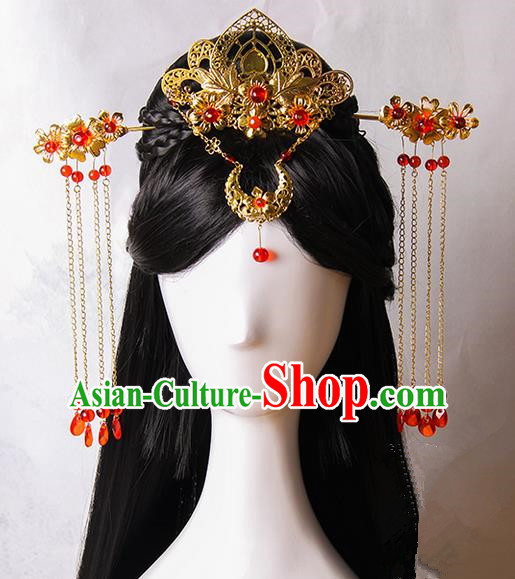 Traditional Handmade Ancient Chinese Tang Dynasty Imperial Empress Wedding Hair Decoration and Wig Complete Set, Ancient Chinese Cosplay Fairy Queen Bride Headwear and Wig for Women