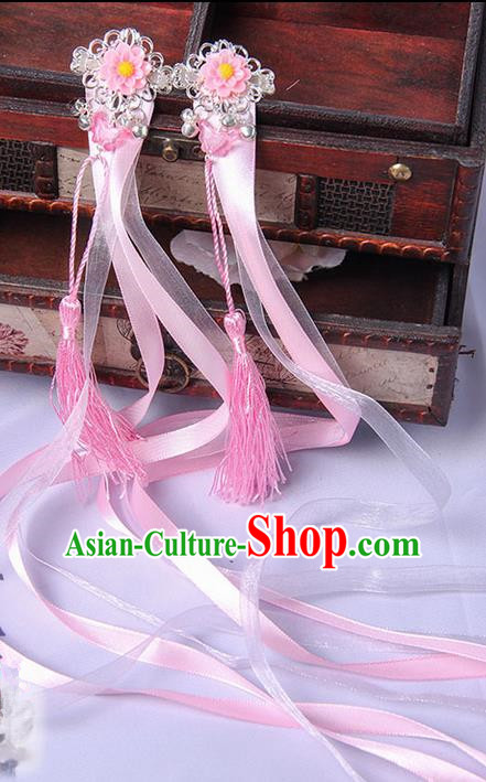 Traditional Handmade Chinese Ancient Princess Classical Hanfu Accessories Jewellery Pink Long Ribbons Bells Hair Sticks Hair Claws, Tassel Hair Fascinators Hairpins for Women