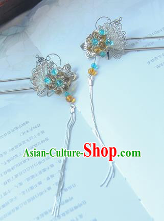 Traditional Handmade Chinese Ancient Princess Classical Hanfu Accessories Jewellery Blue Butterfly Hair Sticks Hair Step Shake, Tassel Hair Fascinators Hairpins for Women
