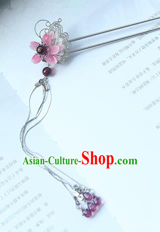 Traditional Handmade Chinese Ancient Princess Classical Hanfu Accessories Jewellery Pink Butterfly Hair Sticks Hair Step Shake, Tassel Hair Fascinators Hairpins for Women