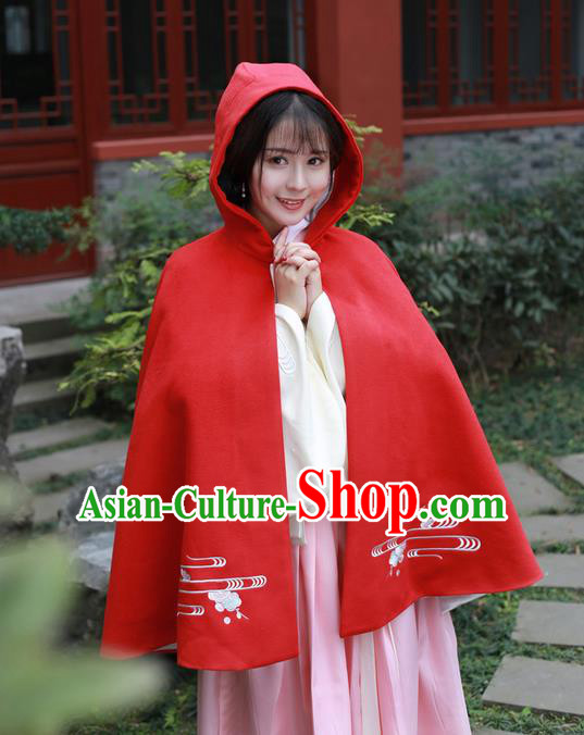 Traditional Ancient Chinese Female Costume Embroidered Flowers Short Cloak, Elegant Hanfu Mantle Clothing Chinese Ming Dynasty Embroidered Palace Princess Red Hooded Cape Clothing for Women