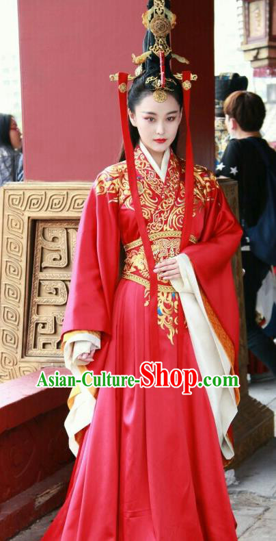 Traditional Ancient Chinese Imperial Empress Wedding Costume, Elegant Hanfu Bride Red Dress Chinese Han Dynasty Imperial Queen Tailing Embroidered Clothing for Women