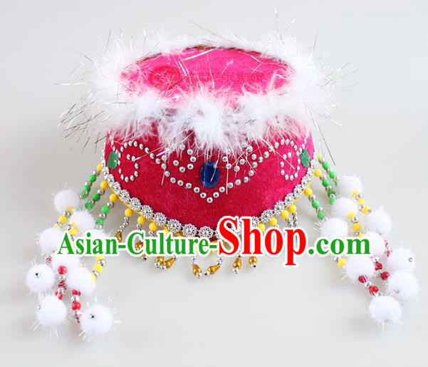 Traditional Chinese Mongol Nationality Dancing Accessories Headdress, Mongolian Kids Folk Dance Ethnic Headwear China Minority Palace Princess Dance Rose Hat for Children