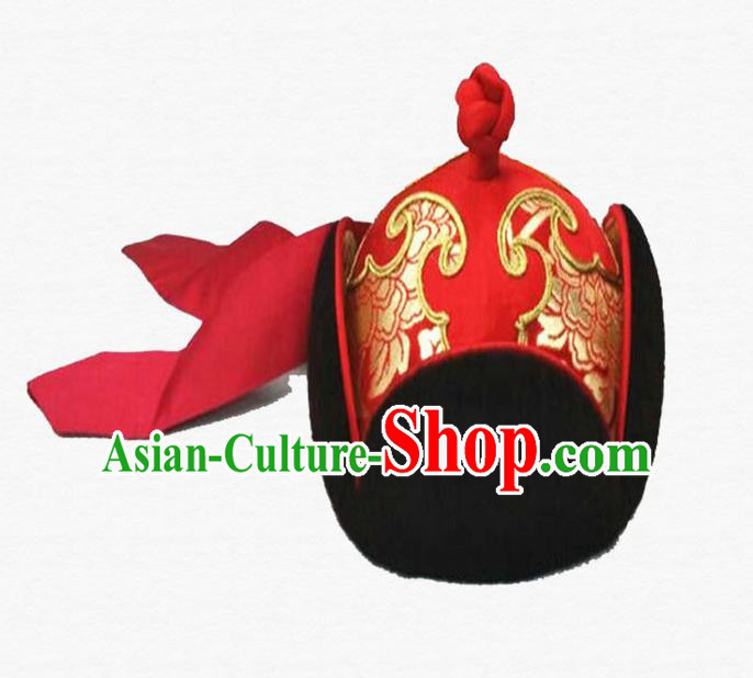 Traditional Chinese Top Grade Mongol Nationality Dancing Accessories Headdress, Mongolian Princes Folk Dance Ethnic Headwear China Mongolian Minority Royal Highness Wedding Red Hat for Men